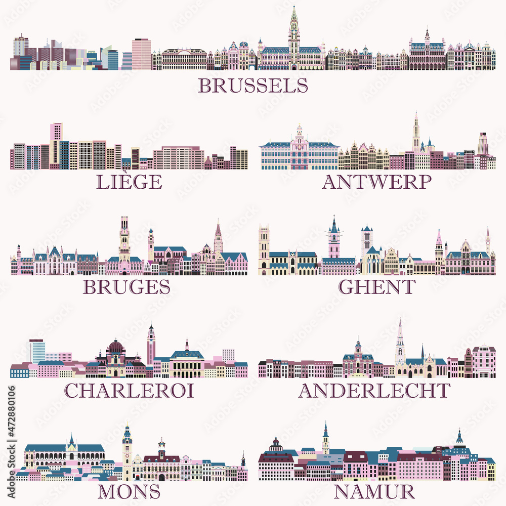 Belgium main cities cityscapes in rich pastel bright colorful palette