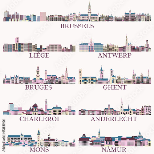Belgium main cities cityscapes in rich pastel bright colorful palette