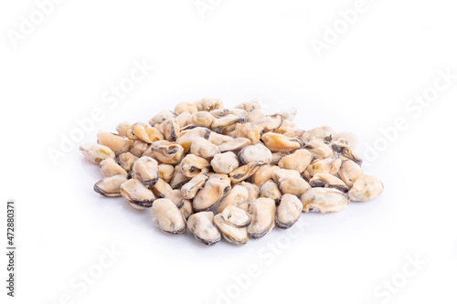 Photography Heap of frozen peeled mussel meat isolated on a white background