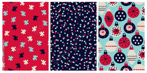 Set of seamless patterns for Christmas, New Year gifts wrapping paper. Festive vibrant backgrounds with snowflakes, confetti, bauble ornaments