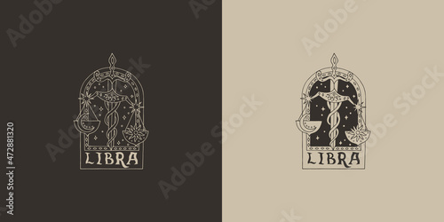 Outline zodiac sign Libra. Astrological symbol. Horoscope. Set of two variants of logos on a dark and light background