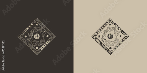 Outline zodiac sign Рisces. Astrological symbol. Horoscope. Set of two variants of logos on a dark and light background