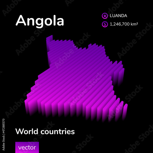 Angola 3D map. Stylized neon digital isometric striped vector Map of Angola.