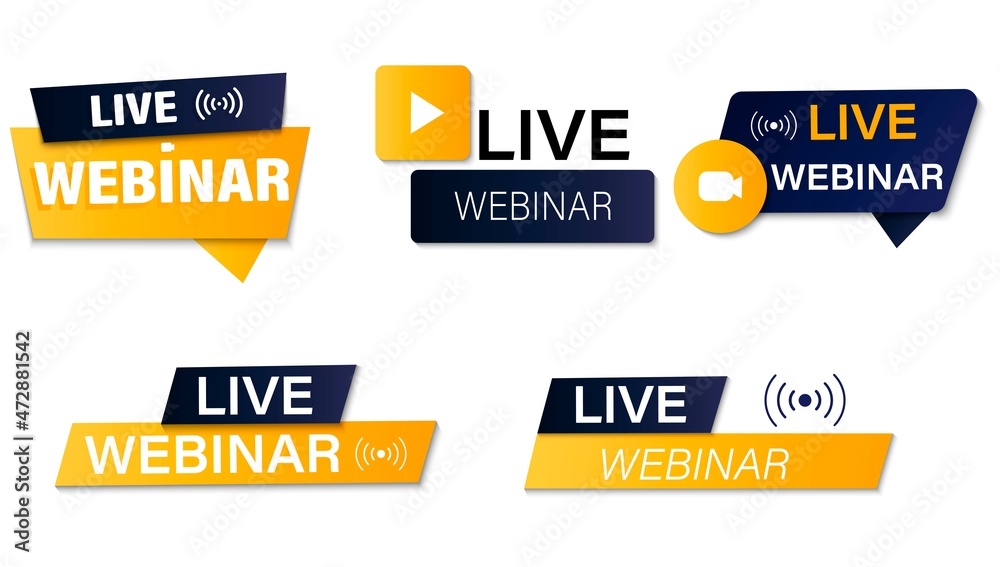 
Webinar, video broadcast. Live seminar. A set of banners, stickers for online learning, live lessons. Internet conference on business education. Vector image.