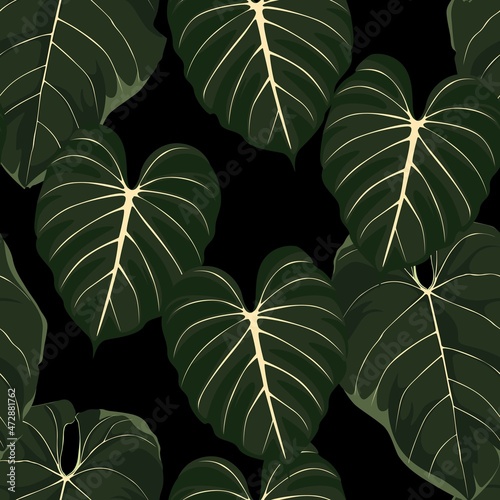 Seamless pattern of ink Hand drawn sketch Tropical palm leaves. Greeting card, invitation for summer beach party, flyer.Rustic design style. Green leaves on black background.