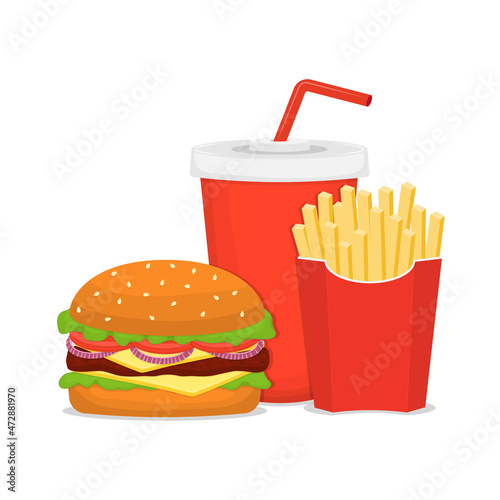 Fast food set. Hamburger, french fries, soda. Vector composition on a white background.