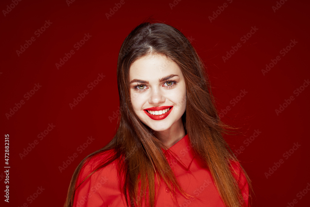 Fototapeta premium beautiful woman hairstyle makeup red shirt model