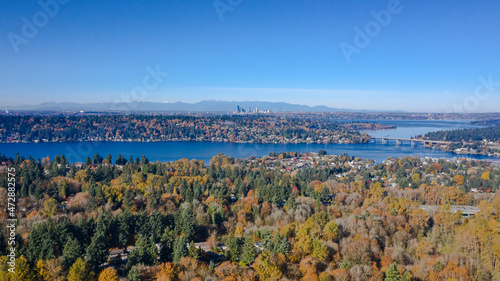 USA, Washington State, Bellevue. Lake Washington and SR520 floating bridge in autumn, with Seattle in distance.