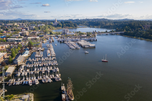 USA, Washington State, Olympia. State Capitol, marina and Budd Bay Inlet. photo