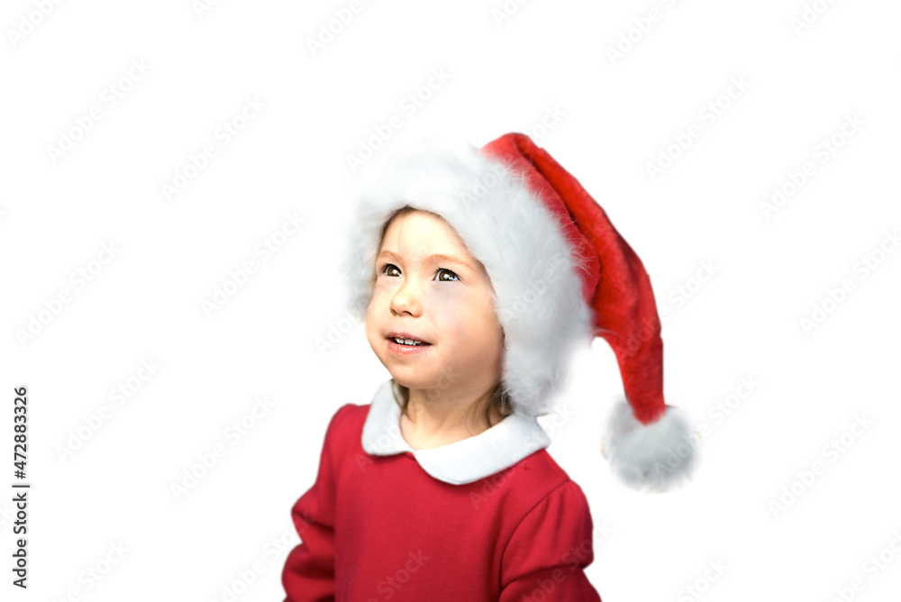 A pretty little girl in a Santa Claus costume on a white background. Merry Christmas. Isolated A pretty little girl in a Santa Claus costume on a white background. Merry Christmas. Isolated