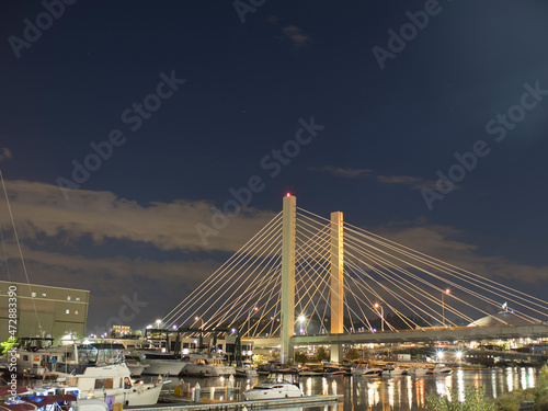 Usa, Washington State, Tacoma. Cable-stayed SR 509 bridge over Thea Foss Waterway at dusk