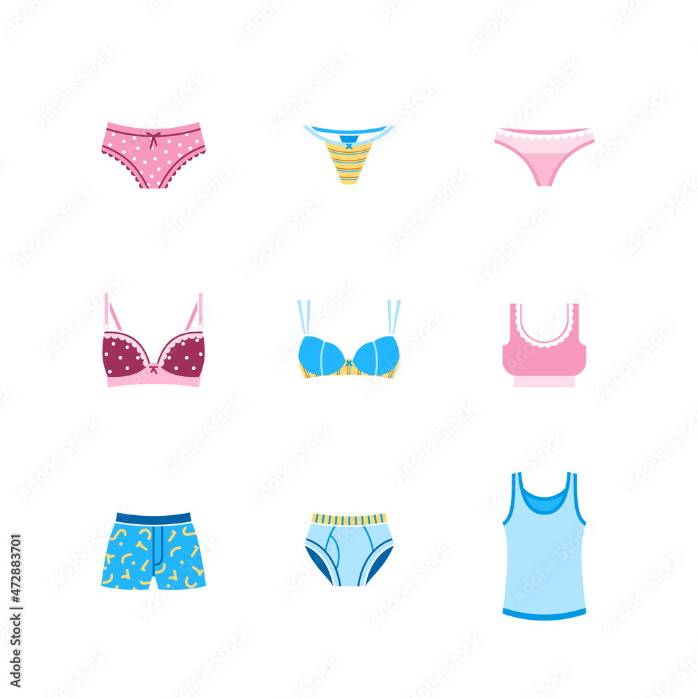 Simple set of related isolated flat symbols of men's and women's lingerie on white. Contains such icons as panties, undershirt, bra, string. Idea for poster, sticker, magazine, web design and so on. Simple set of related isolated flat symbols of men's and women's lingerie on white. Contains such icons as panties, undershirt, bra, string. Idea for poster, sticker, magazine, web design and so on.