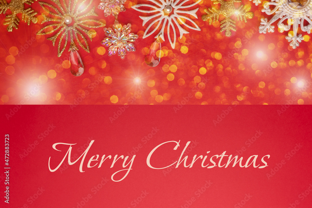 Christmas background with festive decoration, stars, snowflake toys. Merry christmas. Holiday concept