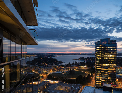 Usa, Washington State, Bellevue, Lake Washington and Downtown Park at sunset photo