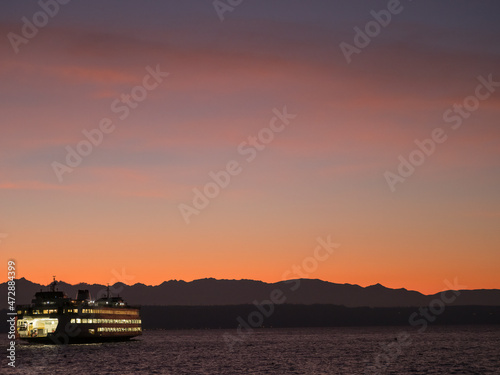 Usa, Washington State, Edmonds, ferry in Puget Sound at sunset photo