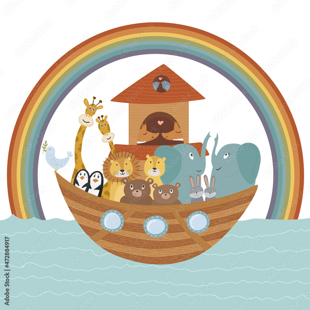 Vector illustration with Noah's Ark, Bible story concept for kids. Cute