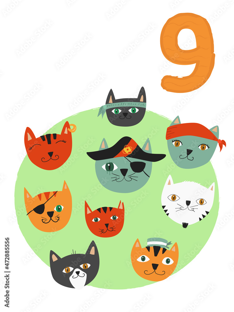Counting from 1 to 10. Number 9, page with colorful illustration. Pirate cats. Composition for books, cards, posters Counting from 1 to 10. Number 9, page with colorful illustration. Pirate cats. Composition for books, cards, posters