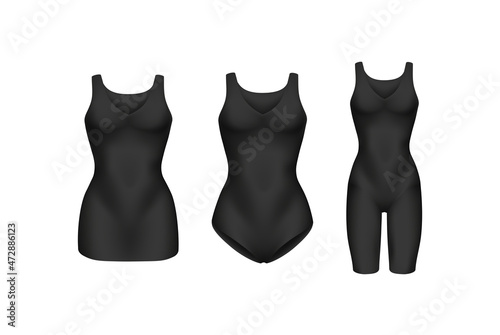 corrective lingerie shapewear 3d realistic vector illustration set. Beige silk underwear isolated on white. Front view. Body shaper. Lifting suits. Sexy corset tightening. Panty seductive black.