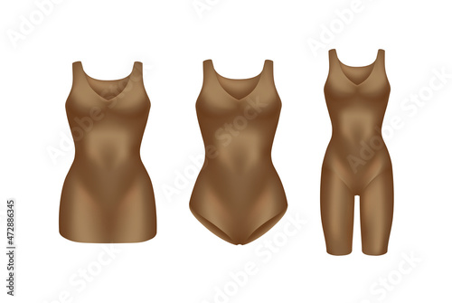 corrective lingerie shapewear 3d realistic vector illustration set. Beige silk underwear isolated on white. Front view. Body shaper. Lifting suits. Sexy corset tightening. Panty seductive gold.