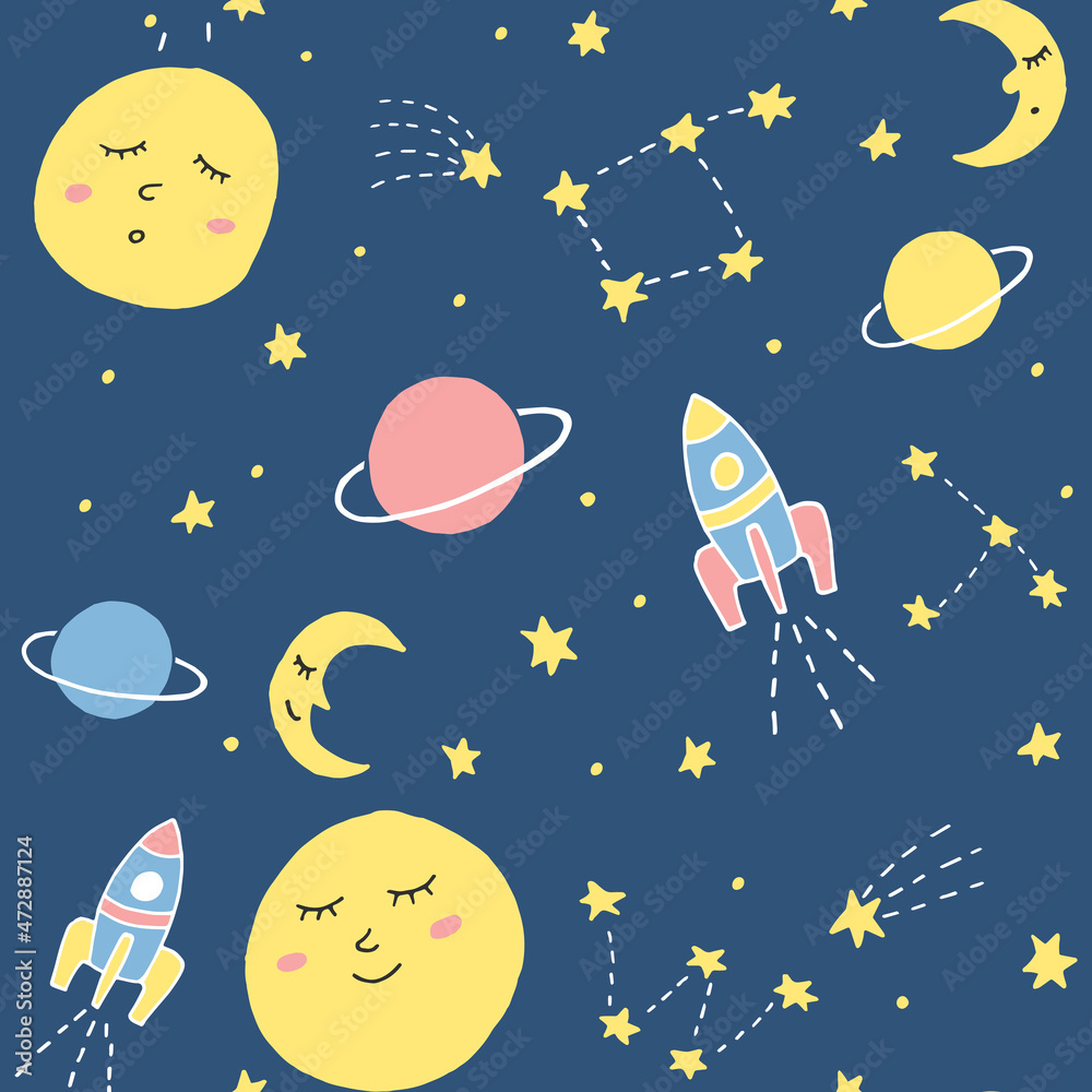 Naklejka premium Cute vector seamless pattern with cosmic elements. Sleepy moon, planet, rocket and stars upon blue background