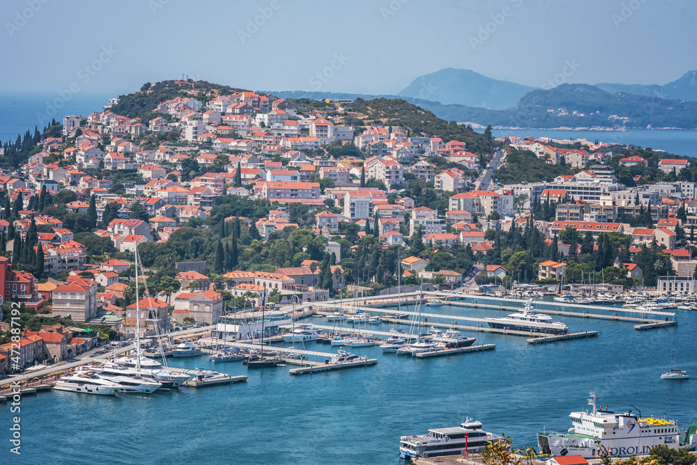 Yacht marinas in Dubrovnik Bay in the Adriatic Sea, Croatia. Top view Panorama