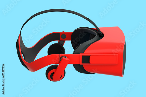 Virtual red reality glasses isolated on blue background. 3d rendering