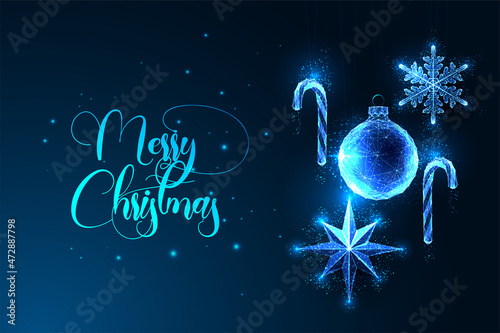 Merry Christmas digital greeting card template with Christmas ornament baubles, star, snowflake and candy canes