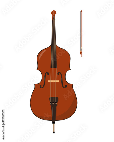 Classical wooden Double Bass with bow isolated on white background. Stringed musical instrument Contrabass. Vector icon illustration in flat or cartoon style.