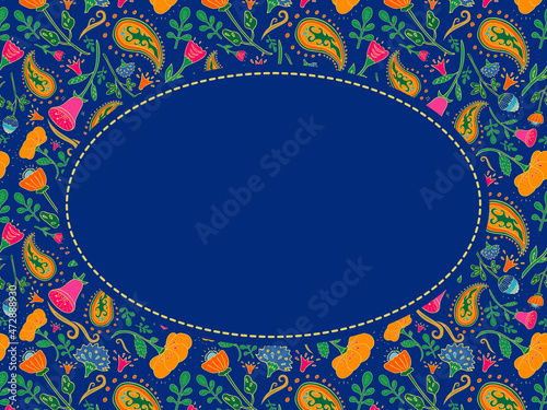 Oval vector flower frame with place for your text. Blue background. Template for wedding invitations, greeting cards, ads and other designs