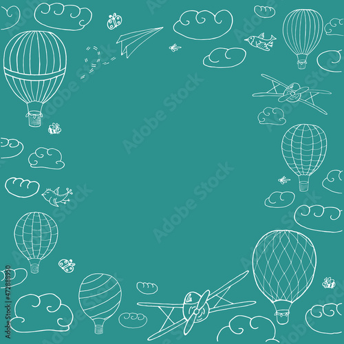 Vector banner with hot air baloons flying in the sky with place for your text, vector frame. White contour upon blue background. Vector template for cards, ads, invitations and other designs