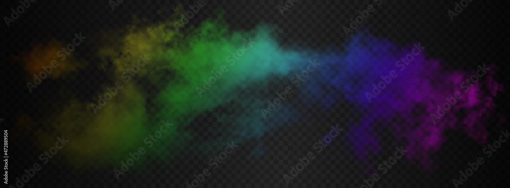 One colorful long side rainbow smoke cloud of red, orange, yellow, green, blue, purple and pink colors isolated on dark semi transparent background. Gradient fog vector illustration One colorful long side rainbow smoke cloud of red, orange, yellow, green, blue, purple and pink colors isolated on dark semi transparent background. Gradient fog vector illustration