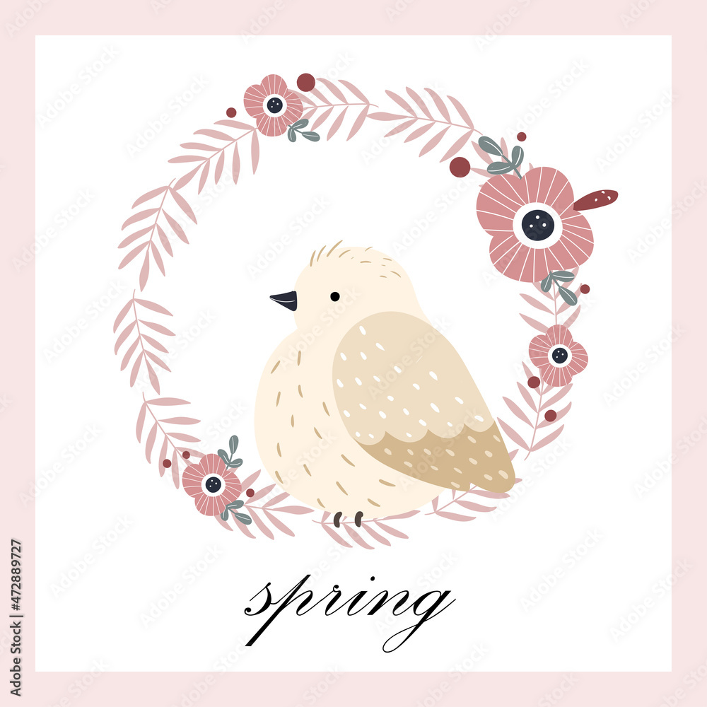 Obraz premium Illustration card of a cute pink bird with frame of flowers and leaf in cartoon style with text