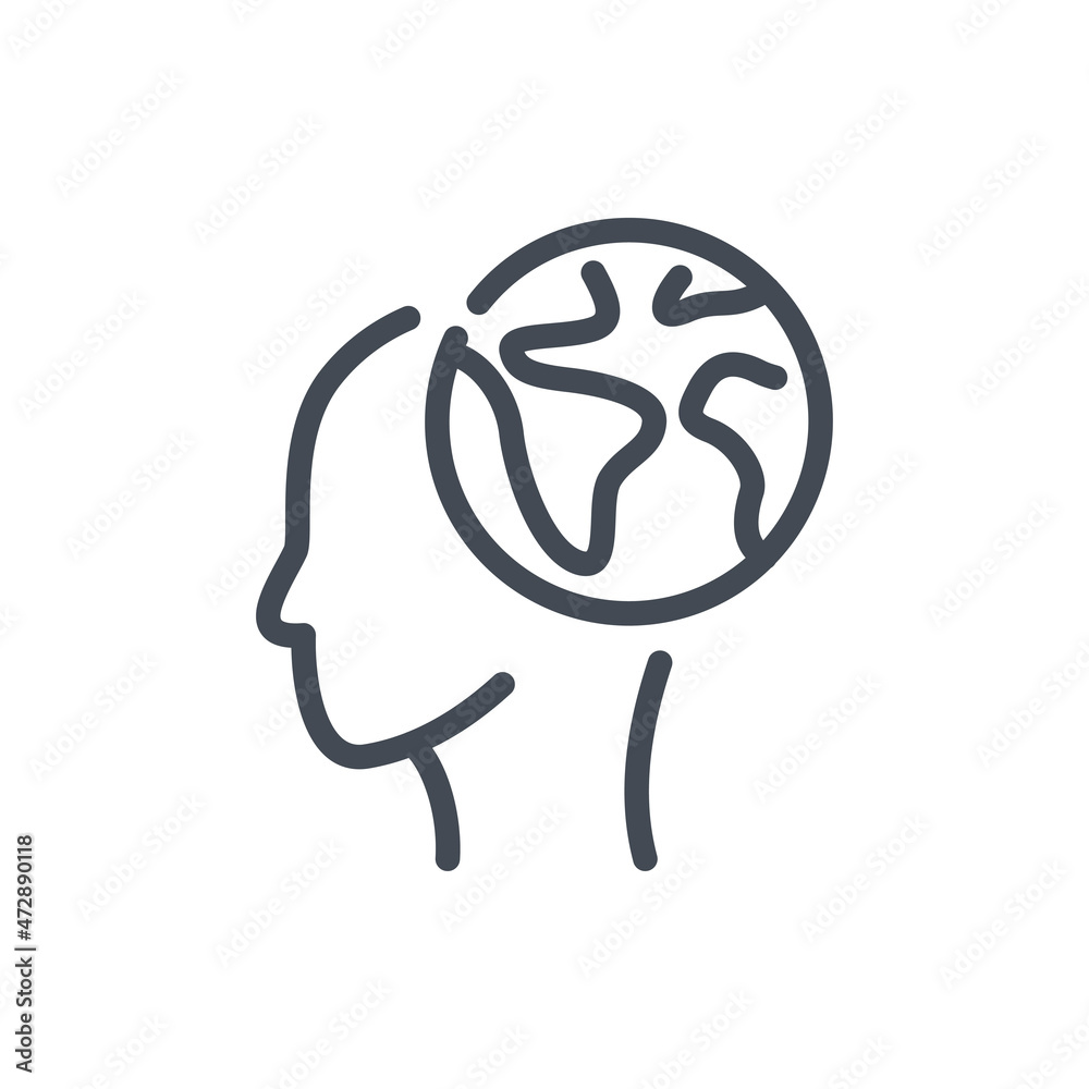 Human head with planet Earth line icon. International language and Earth population vector outline sign. Human head with planet Earth line icon. International language and Earth population vector outline sign.