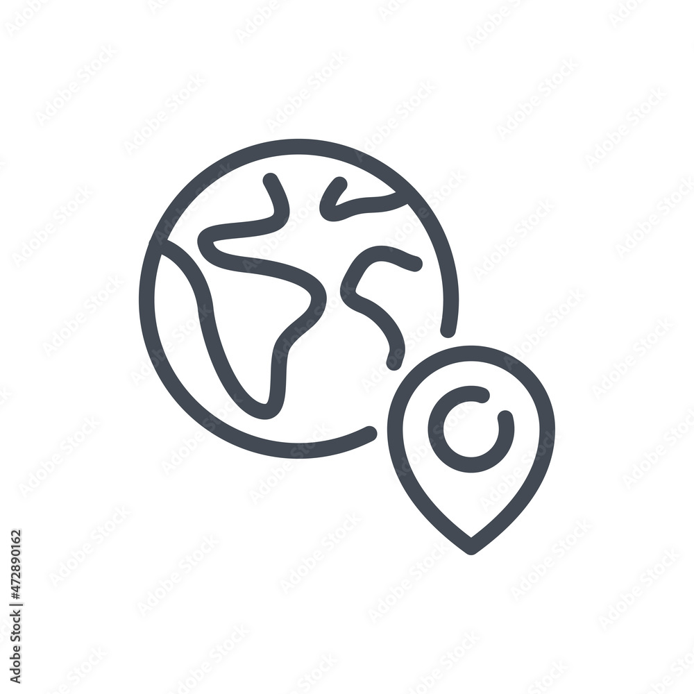 Planet Earth with pin line icon. Global location with place pointer vector outline sign. Planet Earth with pin line icon. Global location with place pointer vector outline sign.