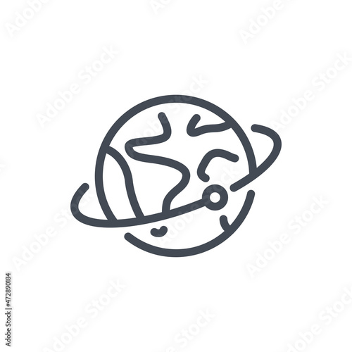 Planet Earth with sputnik line icon. Satellite of the globe vector outline sign.