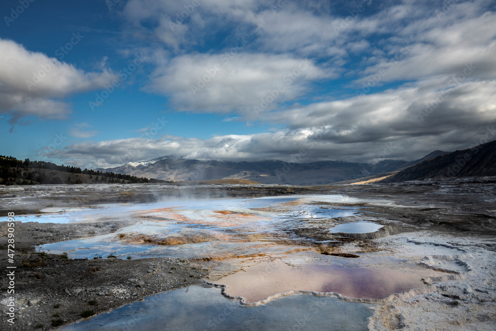 Blue pools on top of Canary Springs, Yellowstone National Park, Wyoming