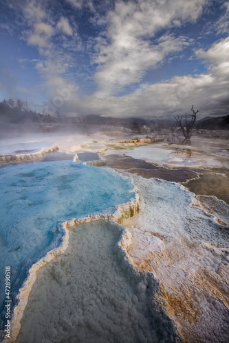 Blue pools on top of Canary Springs, Yellowstone National Park, Wyoming