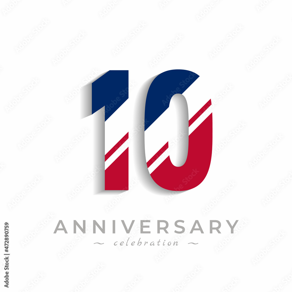 10 Year Anniversary Celebration with White Slash in Red and Blue American Flag Color. Happy Anniversary Greeting Celebrates Event Isolated on White Background 10 Year Anniversary Celebration with White Slash in Red and Blue American Flag Color. Happy Anniversary Greeting Celebrates Event Isolated on White Background