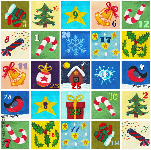 New Year's background: Advent calendar. Handmade watercolor in Christmas style. A set of festive objects: mittens, a candy cane, star, a bell, snowflakes, bullfinches. Winter holiday poster with dates