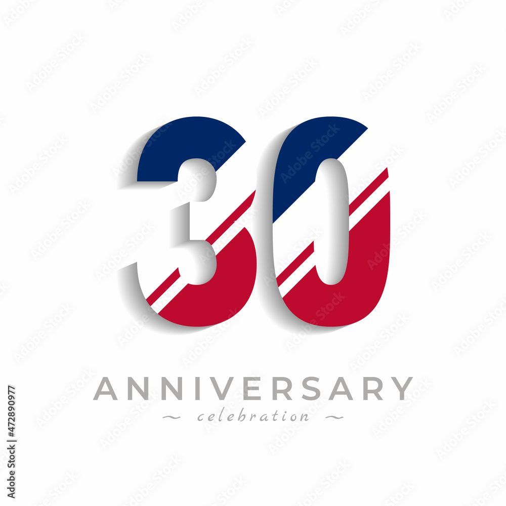 30 Year Anniversary Celebration with White Slash in Red and Blue American Flag Color. Happy Anniversary Greeting Celebrates Event Isolated on White Background 30 Year Anniversary Celebration with White Slash in Red and Blue American Flag Color. Happy Anniversary Greeting Celebrates Event Isolated on White Background