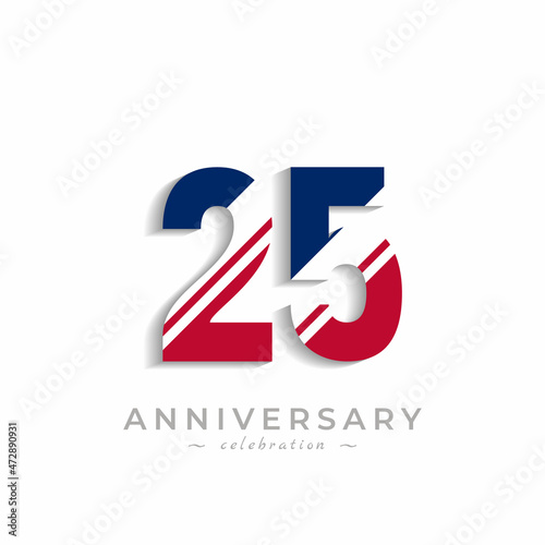 25 Year Anniversary Celebration with White Slash in Red and Blue American Flag Color. Happy Anniversary Greeting Celebrates Event Isolated on White Background