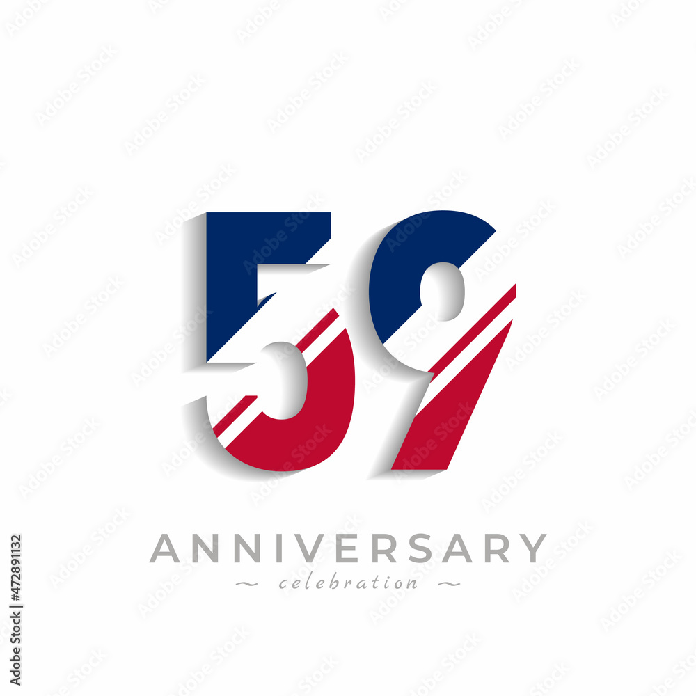 59 Year Anniversary Celebration with White Slash in Red and Blue American Flag Color. Happy Anniversary Greeting Celebrates Event Isolated on White Background 59 Year Anniversary Celebration with White Slash in Red and Blue American Flag Color. Happy Anniversary Greeting Celebrates Event Isolated on White Background