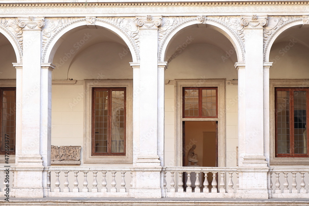 Palazzo Altemps Exterior Gallery View with Sculpted Details in Rome, Italy