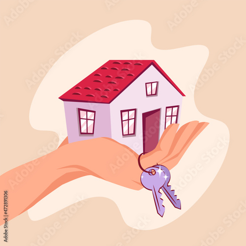 Small one-storied house in hand with keys. Conceptual home purchase or sale vector illustration in flat style. 
