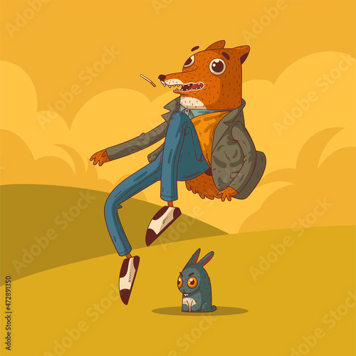 Humorous vector illustration of sudden unexpected situation. Humanized fox jumped up in surprise frightened by small malicious hare. Anthropomorphic fox. Animal character with human body. Funny poster