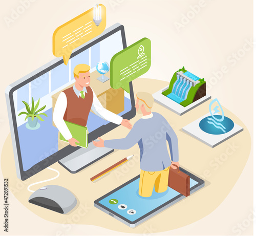 Virtual meeting or video conference. Chatting with colleague by online videochat, videoconferencing using green technology. Male employees at online business meeting. Colleagues make deal, handshake