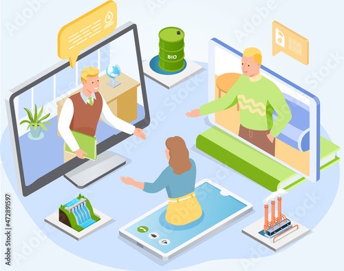 Collective virtual meeting or group video conference. Chatting with colleagues by online videochat, videoconferencing, remote work. Employees at online business meeting using green technology
