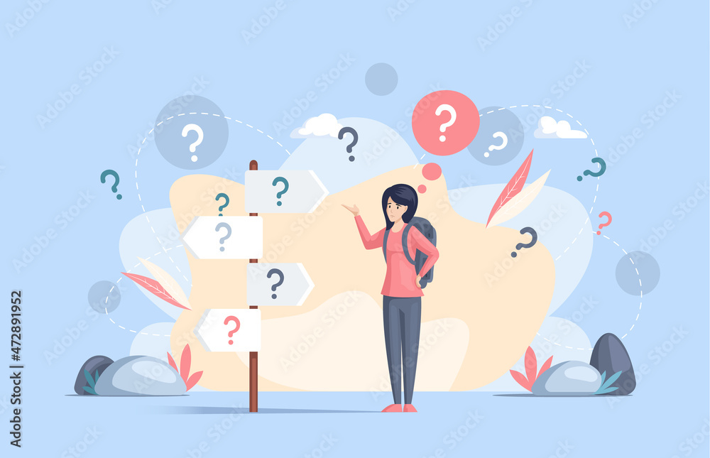 Making confusion. Woman thought about solution to problem, choose options person concept. Career, life and question decision process visualization. Person thinks hesitates to make ones choice Making confusion. Woman thought about solution to problem, choose options person concept. Career, life and question decision process visualization. Person thinks hesitates to make ones choice