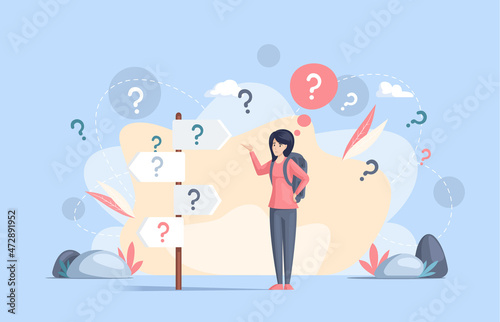 Making confusion. Woman thought about solution to problem, choose options person concept. Career, life and question decision process visualization. Person thinks hesitates to make ones choice