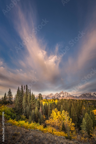 Autumn sunrise view of Teton Range, Grand Teton National Park, Wyoming